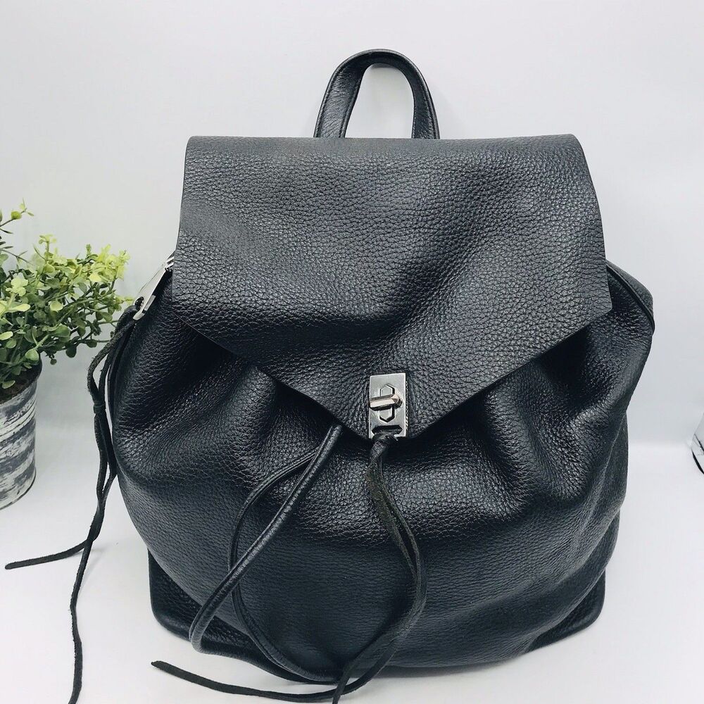 Rebecca Minkoff Pebbled Leather Black Backpack Drawstring, Flap Close, Side Zip